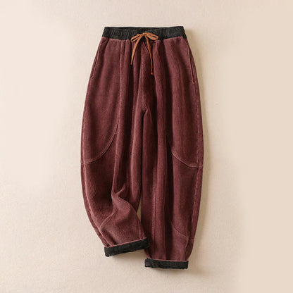 Women’s Contrast-Cuff Thermal Corduroy Harem Trousers with Pockets