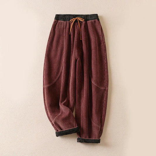Women’s Contrast-Cuff Thermal Corduroy Harem Trousers with Pockets