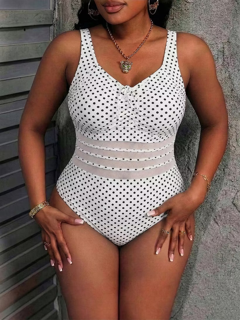 Women’s Polka Dot Mesh-Waist One-Piece Swimsuit