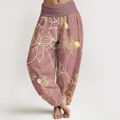 Women’s Cotton Koi & Lotus Elastic-Waist Harem Trousers