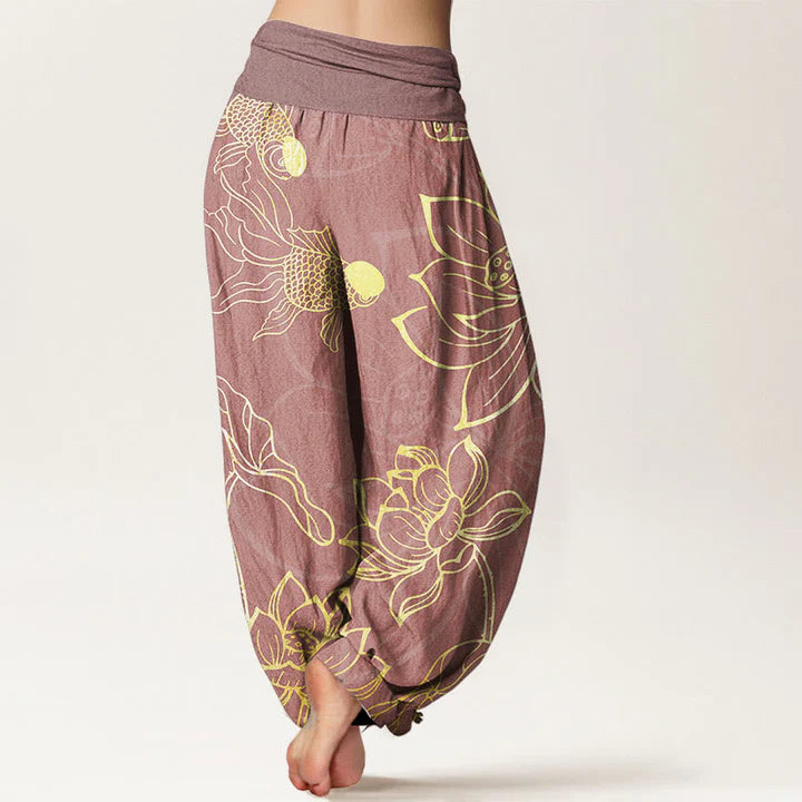 Women’s Cotton Koi & Lotus Elastic-Waist Harem Trousers