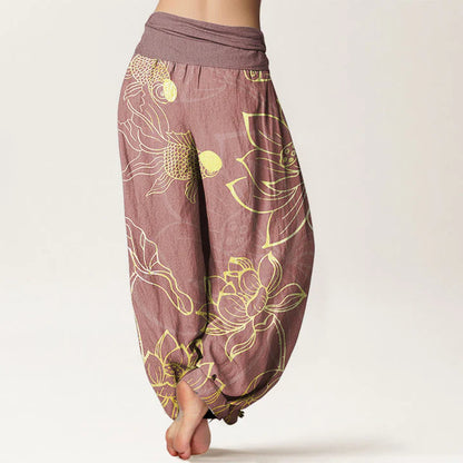 Women’s Cotton Koi & Lotus Elastic-Waist Harem Trousers