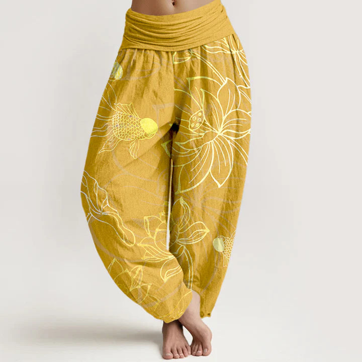 Women’s Cotton Koi & Lotus Elastic-Waist Harem Trousers