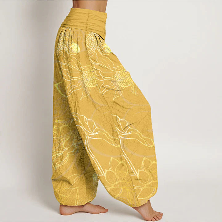 Women’s Cotton Koi & Lotus Elastic-Waist Harem Trousers