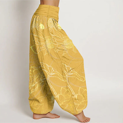 Women’s Cotton Koi & Lotus Elastic-Waist Harem Trousers