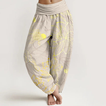Women’s Cotton Koi & Lotus Elastic-Waist Harem Trousers