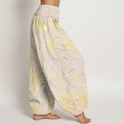 Women’s Cotton Koi & Lotus Elastic-Waist Harem Trousers