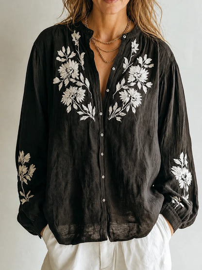 Women’s Embroidered Cotton-Linen Shirt