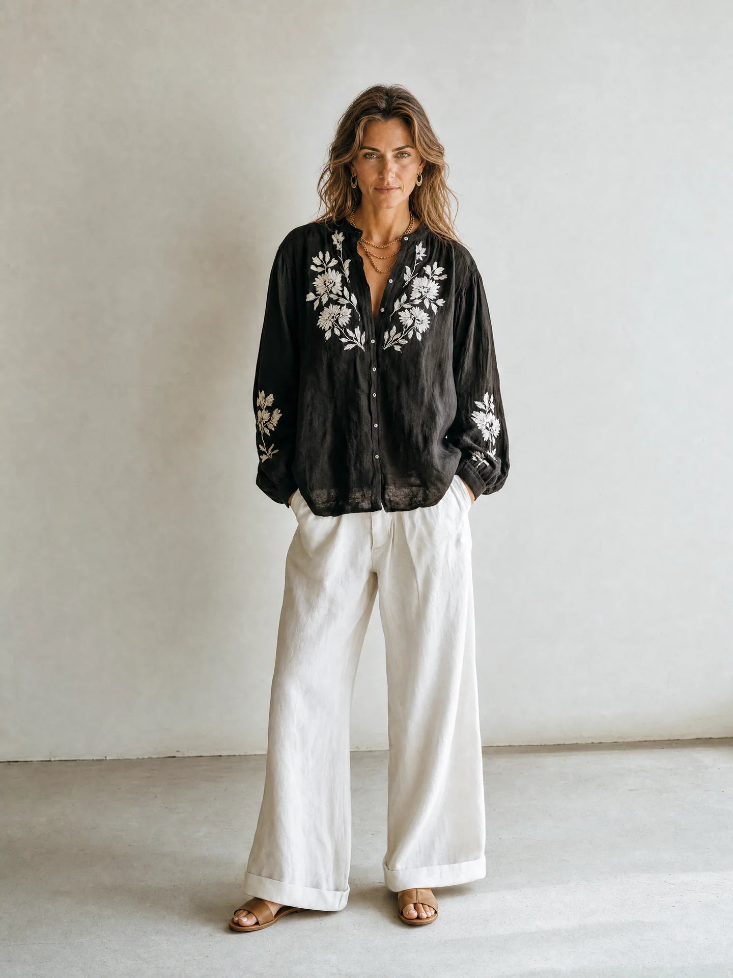 Women’s Embroidered Cotton-Linen Shirt