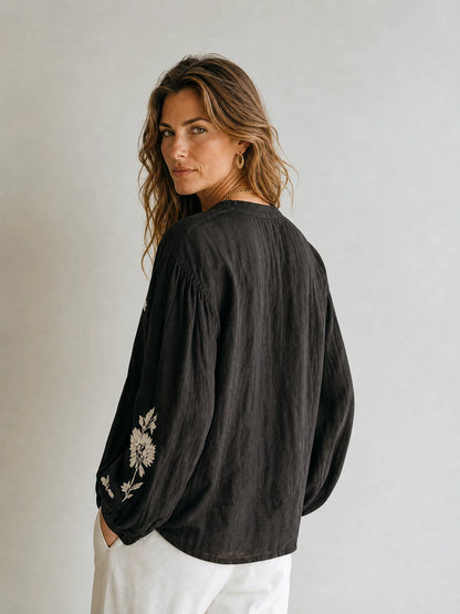 Women’s Embroidered Cotton-Linen Shirt