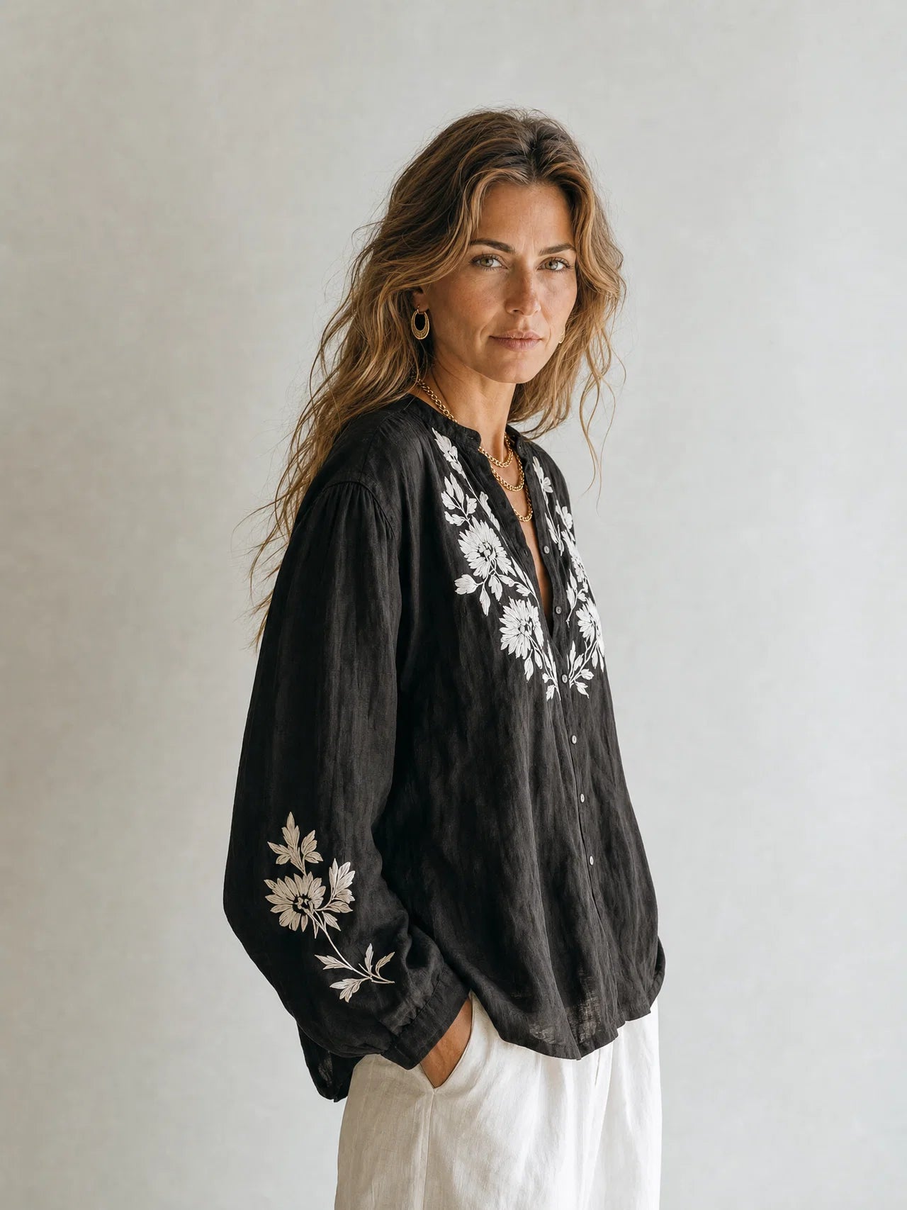 Women’s Embroidered Cotton-Linen Shirt