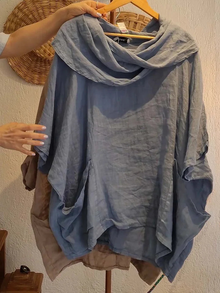 Women’s Draped Neck Linen-Blend Pocket Top