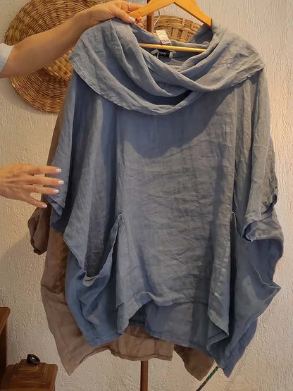 Women’s Draped Neck Linen-Blend Pocket Top