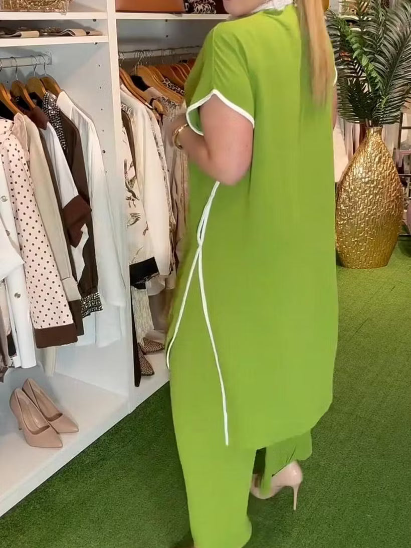 Women's Elegant Contrast-Trim Tunic and Wide-Leg Trouser Set