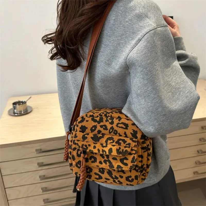 Women’s Pleated Corduroy Cheetah-Print Crossbody Bag