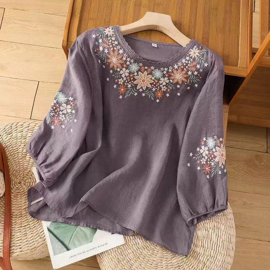 Women’s Loose Embroidered Summer Top with 3/4 Sleeves