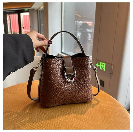 Handwoven Leather-Look Bucket Bag for Women