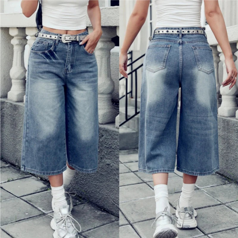 Women's Washed Wide Leg Cropped Jeans
