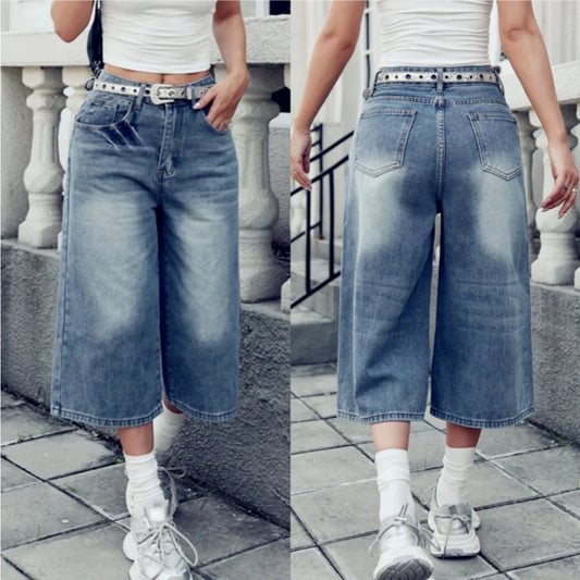 Women's Washed Wide Leg Cropped Jeans