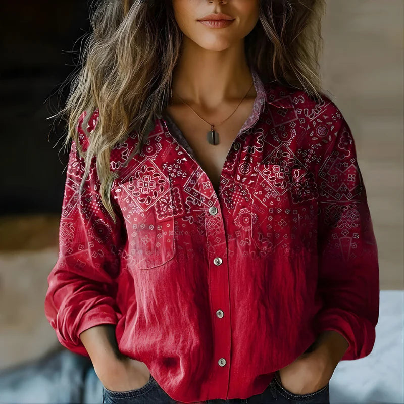 Women’s Vintage Printed Button-Up Blouse