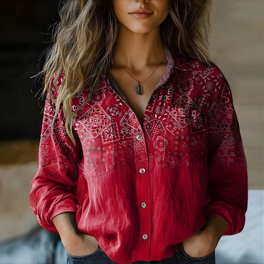 Women’s Vintage Printed Button-Up Blouse