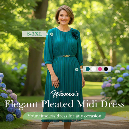 Women’s 3/4 Sleeve Pleated Midi Dress with Waist Tie