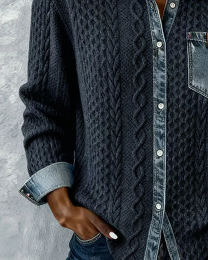 Women’s Cable-Knit Denim Trim Button Shirt