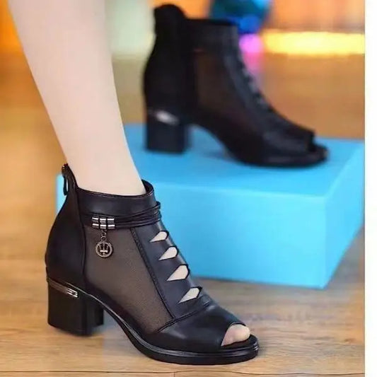Soft Leather-Look Mid Heel Fish Mouth Sandals
