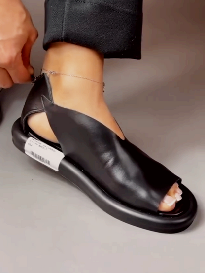 Leather-Look Comfortable Soft-Soled Zipper Sandals
