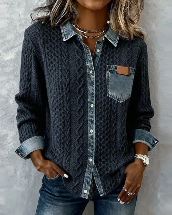 Women’s Cable-Knit Denim Trim Button Shirt