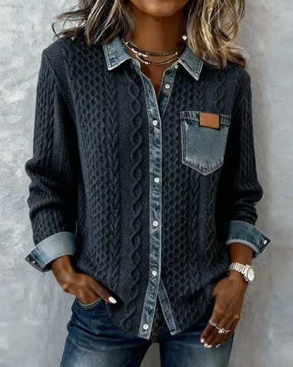 Women’s Cable-Knit Denim Trim Button Shirt
