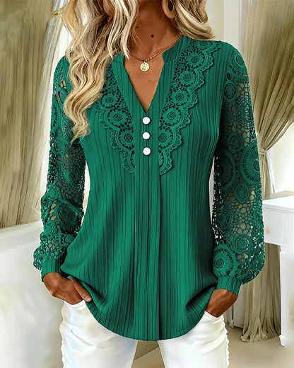 Women’s Lace Panel V-Neck Puff-Sleeve Blouse
