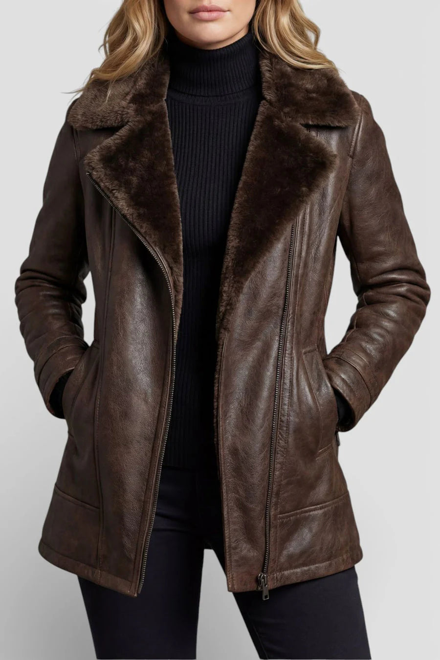 Women’s Sheepskin-Look Lined Leather-Look Jacket