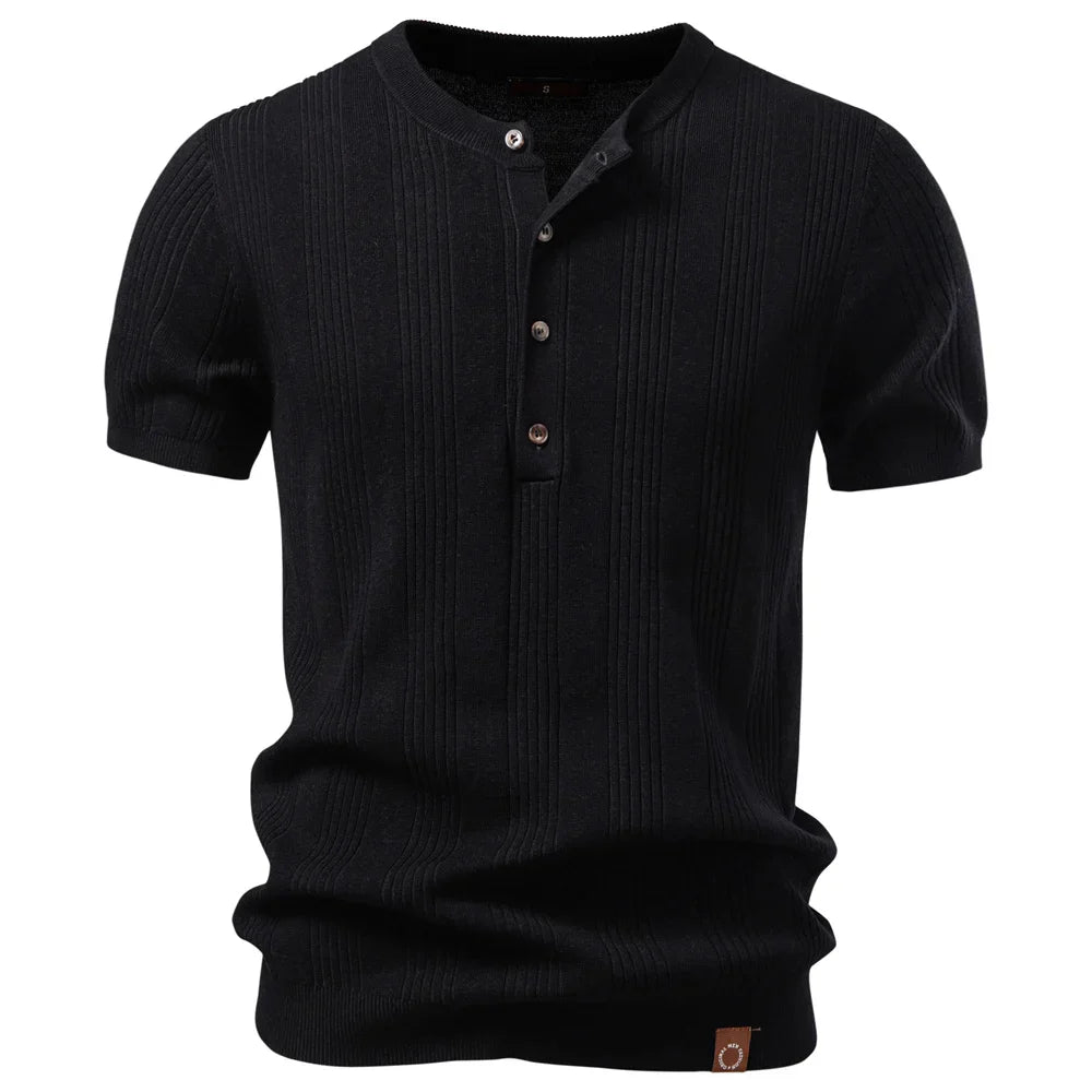 Men’s Vertical Ribbed Henley Knit T-Shirt