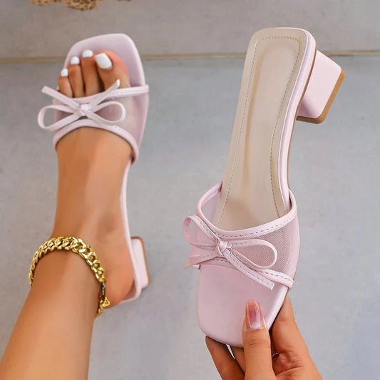 Women's Mesh Bow Block-Heel Slides