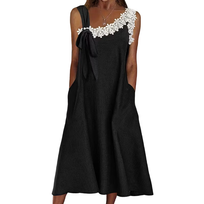 Women’s Floral Lace Trim Bow-Shoulder Midi Dress