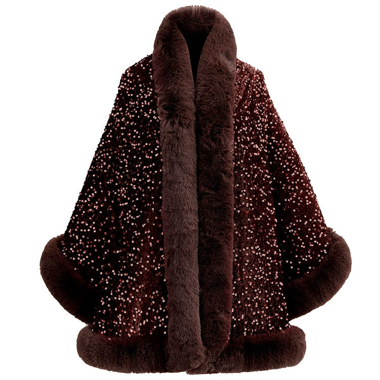 Women’s Sequined Faux Fur Trim Evening Shawl Wrap