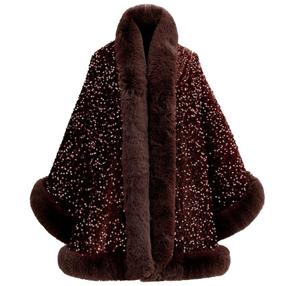 Women’s Sequined Faux Fur Trim Evening Shawl Wrap