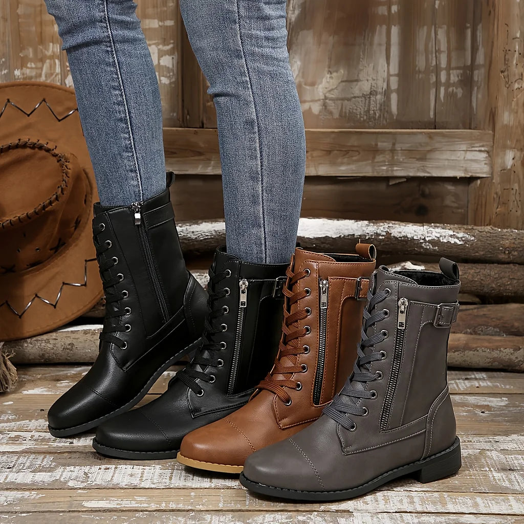 Women’s Classic Zipper Mid-Calf Leather-Look Boots