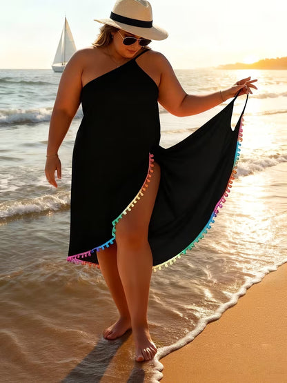 Women's Plus Size Pom Trim Beach Cover-Up