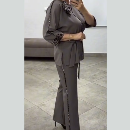 Women’s Leopard-Trim Belted Wide-Leg Suit Set