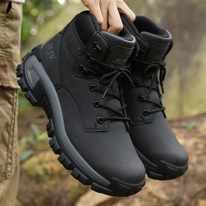 (🤜Work Hard For 5+ Years) Men Leather-Look Motorcycle Boots Waterproof Non-Slip Anti-Puncture Anti-Sprain Hiking Work Boots