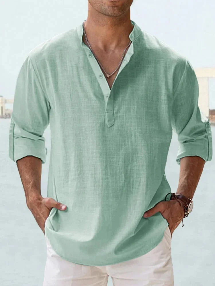 Men’s Casual Henley Collar Long Sleeve Cotton Shirt