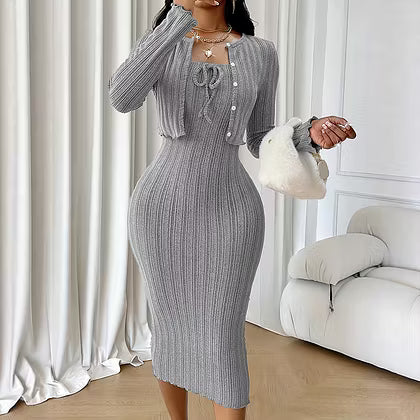 Women's Ribbed Midi Dress & Cropped Cardigan Set