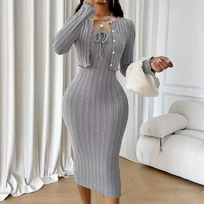 Women's Ribbed Midi Dress & Cropped Cardigan Set