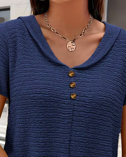Women’s Textured V-Neck Button Detail Casual T-Shirt