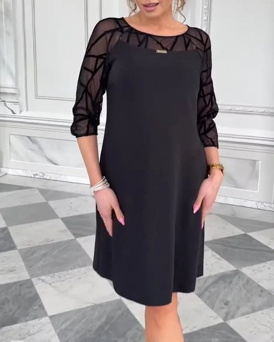 Women’s Geometric Mesh Sleeve A-Line Knee Dress