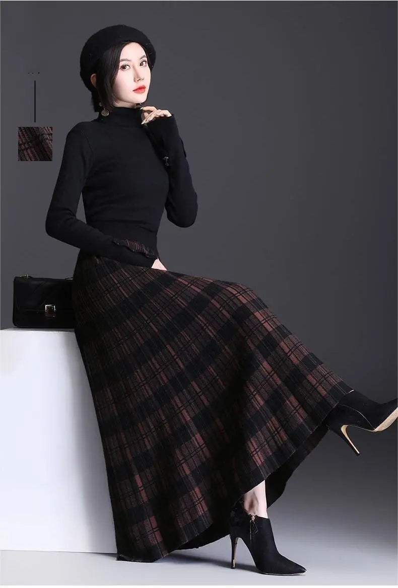 Women’s Knitted Wool Blend Plaid Maxi Skirt