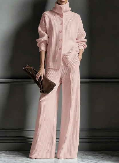 Women’s Luxe Ribbed Funnel-Neck Cardigan & Wide-Leg Knit Set