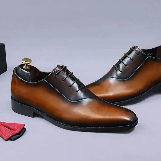 Cowhide Pointed-Toe Lace-Up Dress Shoes